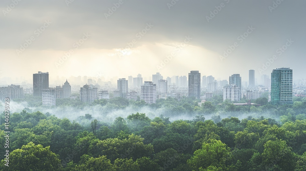 Urban Cityscape with Lush Green Forest Under Cloudy Sky Urban Cityscape with Lush Green Forest Under Cloudy Sky
