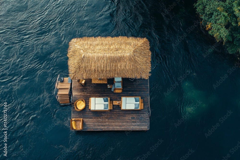 Fototapeta premium Thatched-Roof Floating Dock with Lounge Chairs Over Tropical River. Relaxing Deck Scene with Natural Surroundings.