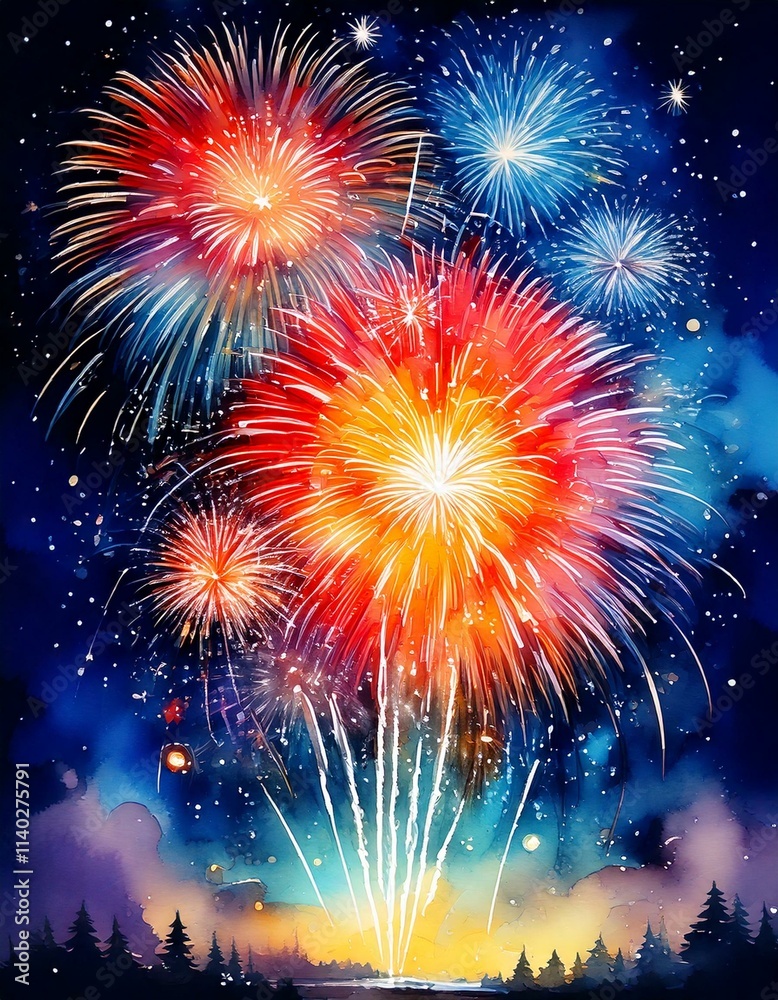 Fototapeta premium Watercolor fireworks lighting up a dark night sky for New Year's Eve