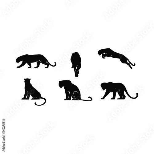 set of silhouettes of panther tiger