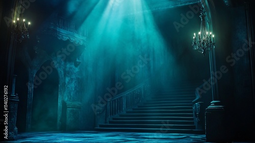 Light beam illuminating staircase in a spooky gothic mansion photo