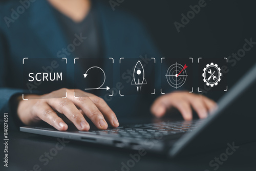 SCRUM, agile development methodology concept. Businessman using laptop with SCRUM icons on virtual screen