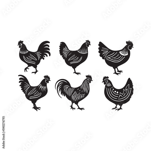 rooster and hen silhouette on white background
