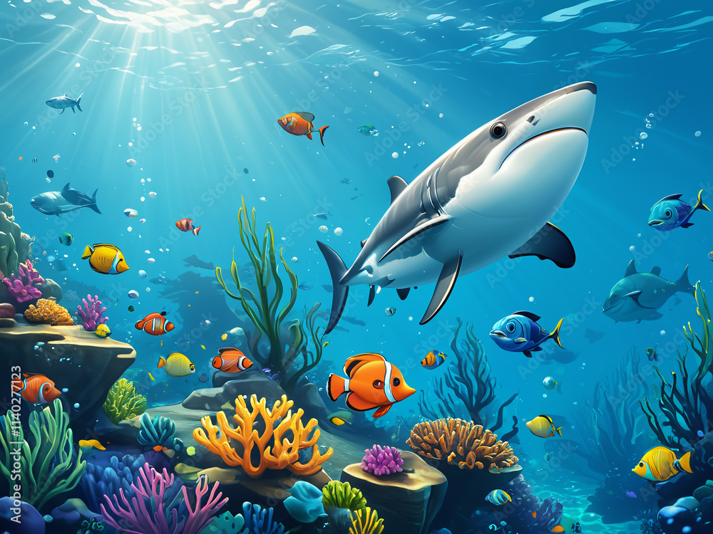 Fototapeta premium Generated cartoon illustration of underwater sea ocean scene.