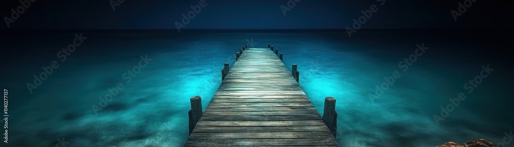 Escape to paradise with this stunning image of a scenic wooden dock extending into a glowing turquoise lagoon, evoking a perfect tropical vacation mood The tranquil scene captures the essence of