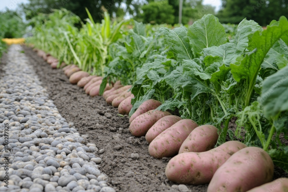 Healthy Rows of Potatoes, Sweet Potatoes, and Corn in a Vegetable Field. Rural Scene with Rock Path Leading into Frame. Healthy Rows of Potatoes, Sweet Potatoes, and Corn in a Vegetable Field. Rural Scene with Rock Path Leading into Frame.