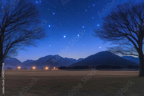 Experience the breathtaking beauty of a cosmic night gradient sky transitioning from sapphire to deep plum hues, with glowing celestial stars illuminating the landscape This cosmic starry sky photo