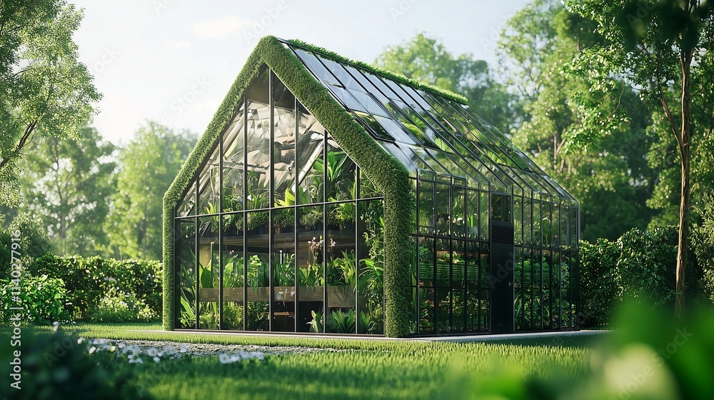 A green house in lush surroundings symbolizes co2 reduction and sustainable living.