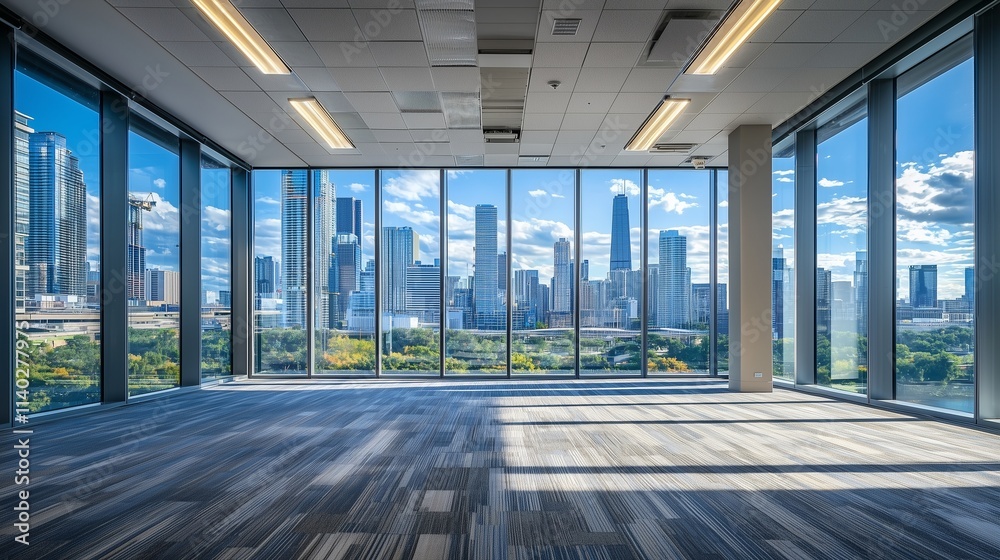 Naklejka premium Spacious office with large windows and city view, symbolizing openness and modernity.