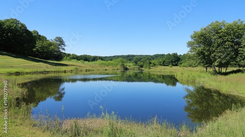 Serene Summer Landscape with Calm Reflective Pond and Greenery