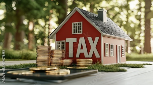 House labeled 'tax' with coins, symbolizing homeowner tax deductions. photo