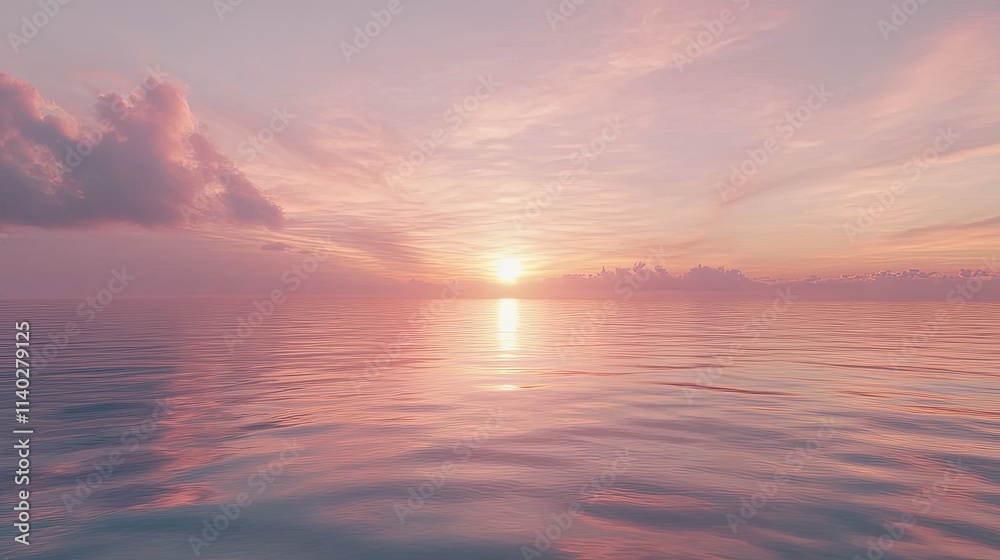 Naklejka premium Serene Sunset Over Calm Ocean Waters with Soft Pink and Orange Hues