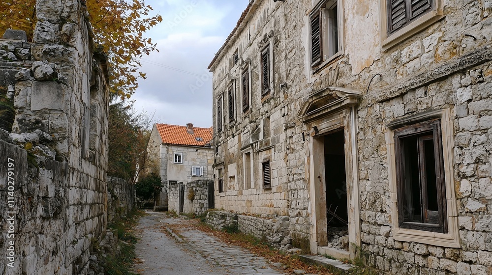 Old stone buildings on a narrow street, ideal for renovation and restoration projects. Old stone buildings on a narrow street, ideal for renovation and restoration projects.