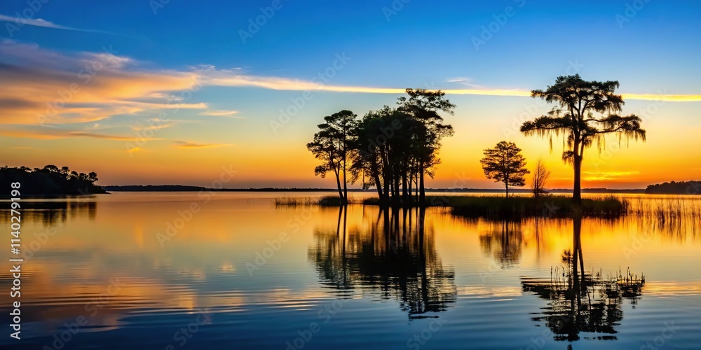 Fototapeta premium Shoreline silhouette of Lake Marion in Santee National Wildlife Refuge, South Carolina