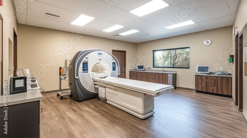 Modern MRI room with advanced imaging equipment and bright lighting
