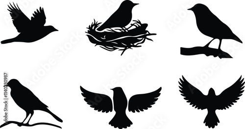 set of vector silhouettes of birds