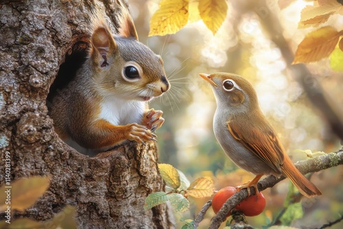 A charming scene of a squirrel peeking out from a tree, while a curious bird watches nearby amidst golden autumn leaves. photo