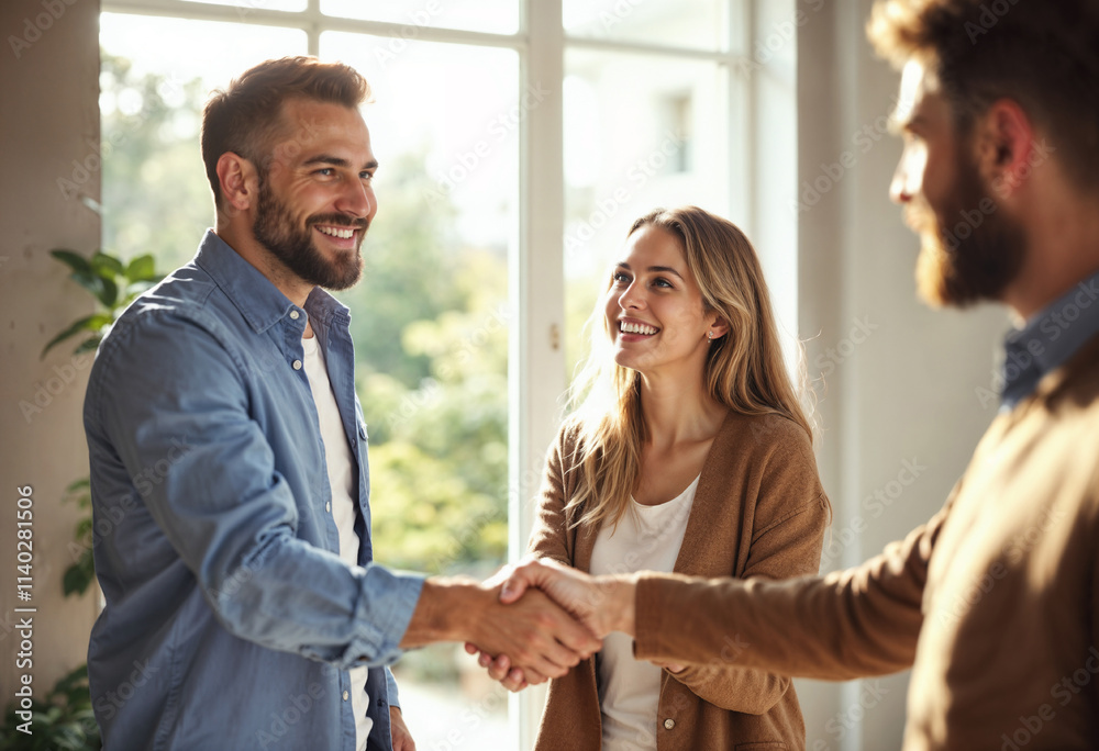 Happy woman shaking hands with real estate agent while buy new home with her husband.
Happy woman shaking hands with real estate agent while buy new home with her husband.