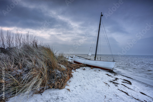 Beautiful beach of the Baltic Sea at sunrise in Kuznica, Hel Peninsula. Poland photo