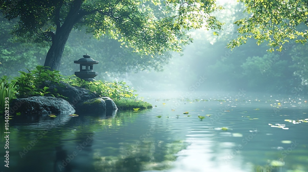 Tranquil Japanese Garden Pond with Serene Stone Lanterns and Zen Rock Formation Tranquil Japanese Garden Pond with Serene Stone Lanterns and Zen Rock Formation