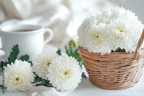 Chrysanthemum tea and flowers in a basket on a white wooden surface A healthy drink and herbal remedy