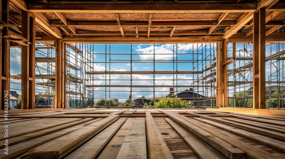 Interior View of a Construction Site with Wooden Planks and Scaffolding Interior View of a Construction Site with Wooden Planks and Scaffolding