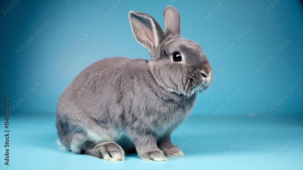 Obraz premium a lively grey curious fluffy rabbit on a light background