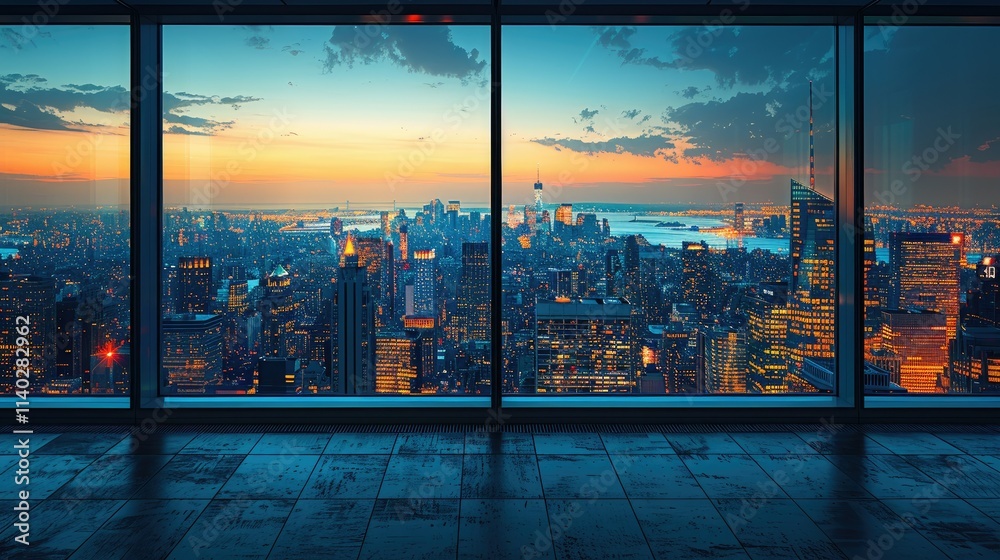 Fototapeta premium A panoramic view of a city skyline at dusk, showcasing buildings and a vibrant sunset.