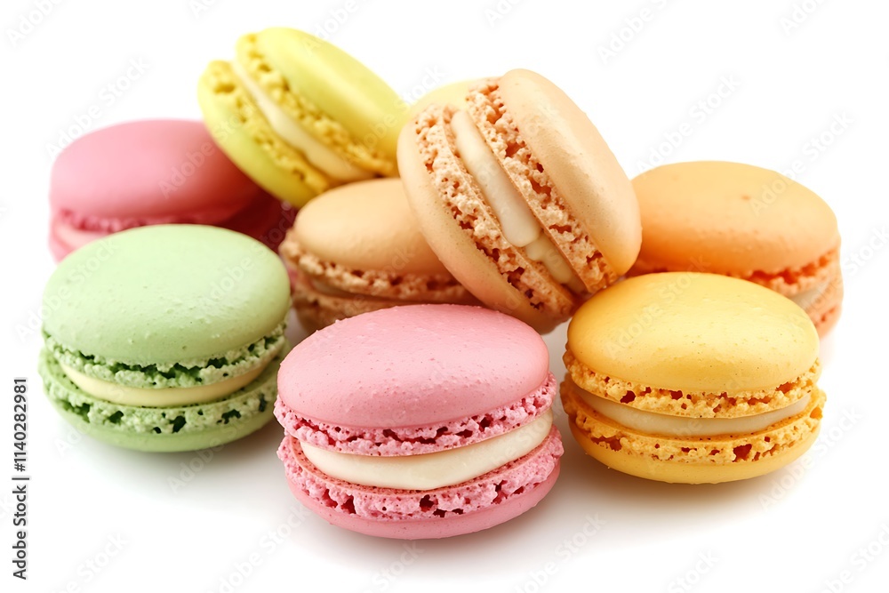 A close-up of colorful macarons on white background A close-up of colorful macarons on white background