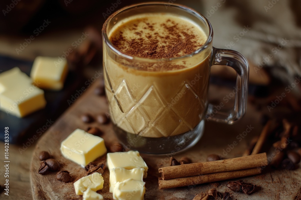 Cinnamon enhanced butter coffee in a glass mug Cinnamon enhanced butter coffee in a glass mug