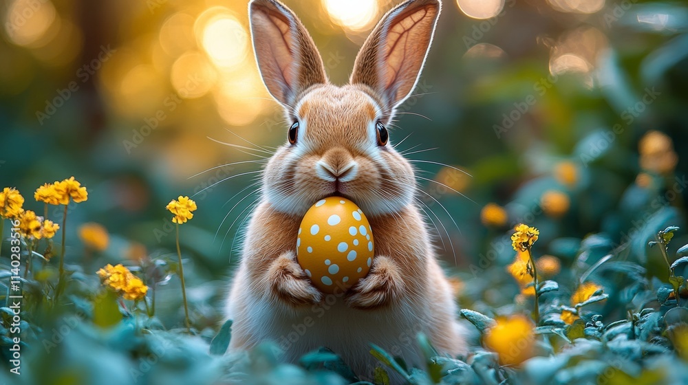 Fototapeta premium create realistic phtoto style easter day card flat design of rabbit hold easter egg on hand at the center of frame