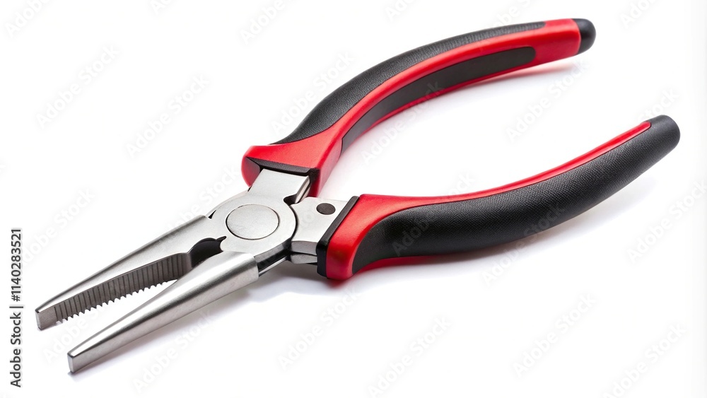 Silhouette chrome needle nose pliers with black and red rubber grips isolated on white background with clipping path Silhouette chrome needle nose pliers with black and red rubber grips isolated on white background with clipping path