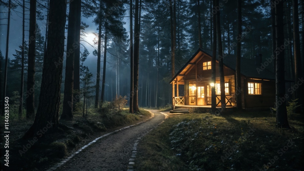 Warm light glowing from windows of a cozy wooden cabin nestled in a tranquil forest at night, with moonlight filtering through the trees, creating a serene atmosphere Warm light glowing from windows of a cozy wooden cabin nestled in a tranquil forest at night, with moonlight filtering through the trees, creating a serene atmosphere