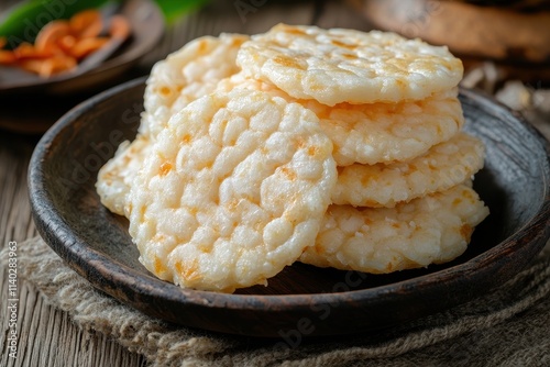 Cirebon Rengginang a traditional Indonesian rice cracker is savory crunchy and made from rice or glutinous rice photo