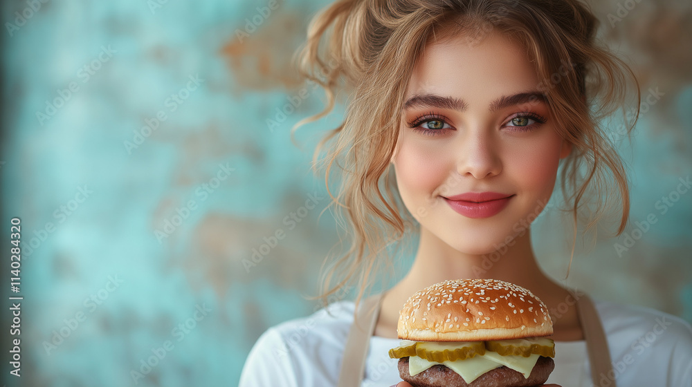 woman holding big cheeseburger with cheese,beef cutlet and tomato lettuce