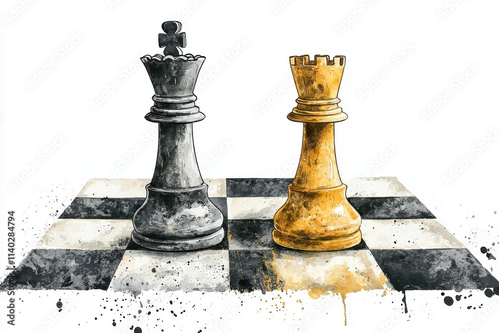 A captivating watercolor of a chess match, showcasing a black king and yellow rook on a detailed chessboard.