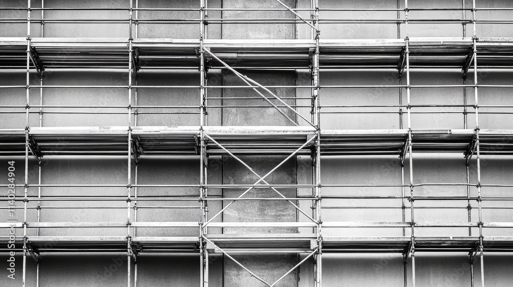 Scaffolding Structure Against Urban Building Facade in Black and White Scaffolding Structure Against Urban Building Facade in Black and White