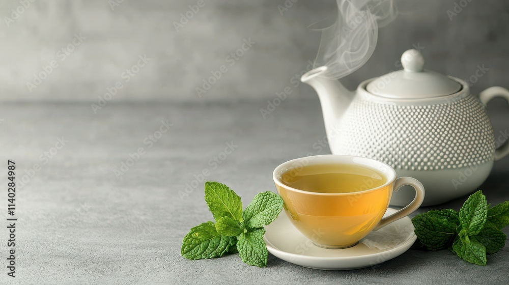Minimalist Tea Setup with Ceramic Teapot and Fresh Mint Minimalist Tea Setup with Ceramic Teapot and Fresh Mint