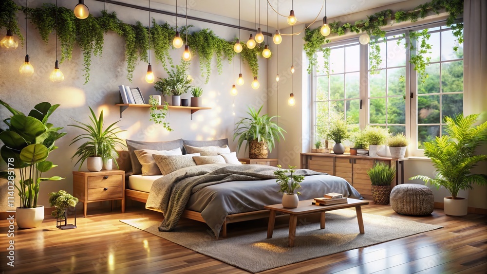 Fototapeta premium Bokeh Bedroom Decor: Natural & Cozy Sleep Space Ideas | Beautiful Bedroom Design Inspiration