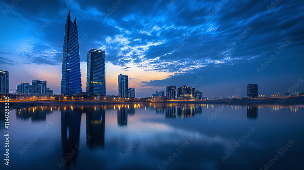 Fototapeta premium Breathtaking Twilight Skyline Reflection over Calm City Lake