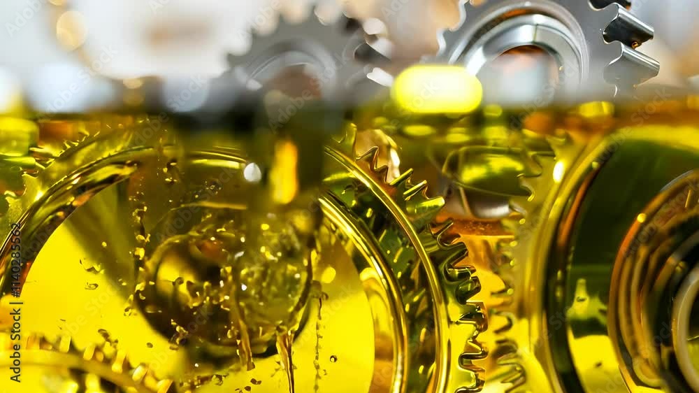 Industrial lubrication video: gears soaked in motor oil, proper lubrication maximizes the efficiency of mechanical systems, reduces damage, and extends the lifespan of essential machinery components.