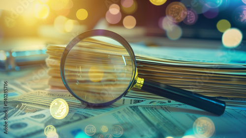 Bank Supervision Magnifying Glass Over Financial Documents, Regulatory Oversight Concept with Blurred Bank Logos and Currency Symbols