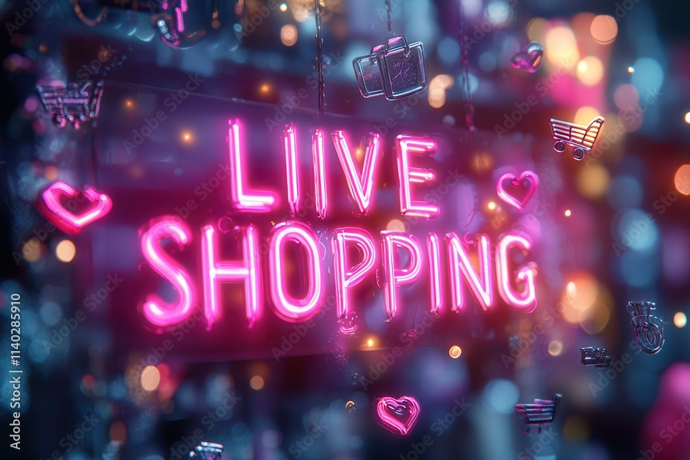 Live Shopping Neon Sign With Glowing Icons and Hearts Live Shopping Neon Sign With Glowing Icons and Hearts