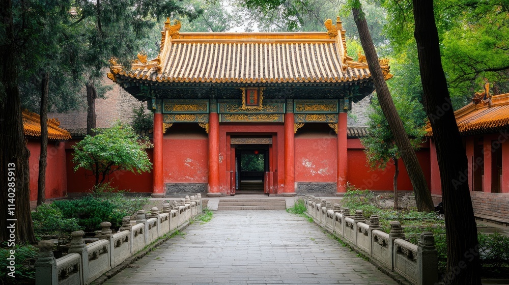 Serene Traditional Temple Surrounded by Lush Greenery and Pathway Serene Traditional Temple Surrounded by Lush Greenery and Pathway
