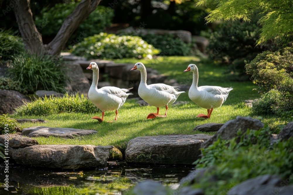 Three white geese with orange feet walking on green grass in outdoor garden. Three white geese with orange feet walking on green grass in outdoor garden.