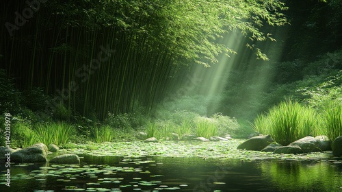 Lush green bamboo forest with sunlight streaming through the trees over a tranquil stream.