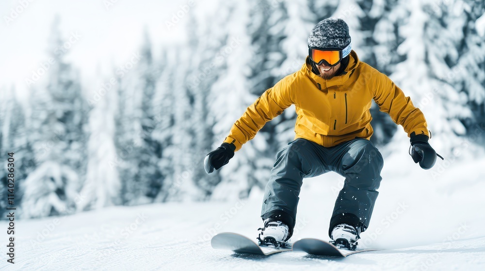 A snowboarder glides gracefully down a snowy slope, showcasing agility and style against a backdrop of winter trees. A snowboarder glides gracefully down a snowy slope, showcasing agility and style against a backdrop of winter trees.