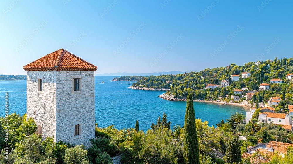 Naklejka premium Quaint Coastal Tower with Red Tiled Roof