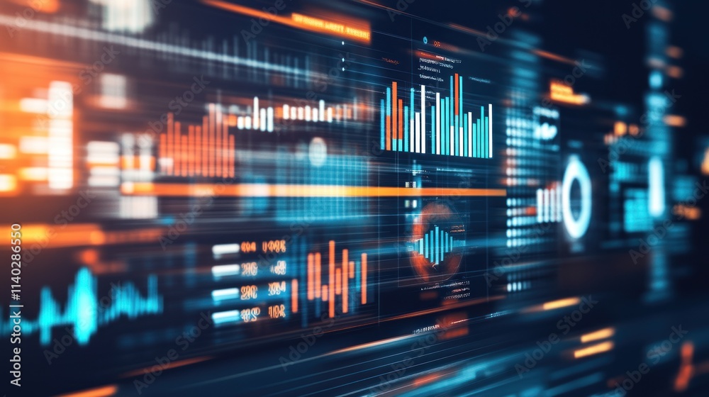 Abstract view of digital graphs and data with vibrant orange and blue colors. Abstract view of digital graphs and data with vibrant orange and blue colors.