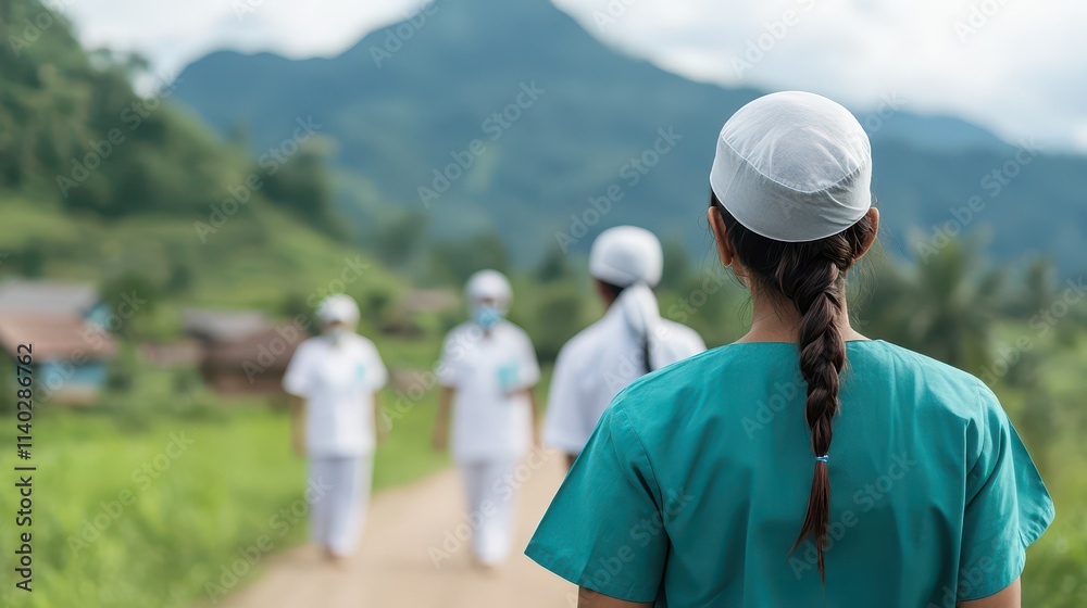 A healthcare worker observes colleagues walking towards a mountain, symbolizing hope and teamwork in rural medicine. A healthcare worker observes colleagues walking towards a mountain, symbolizing hope and teamwork in rural medicine.